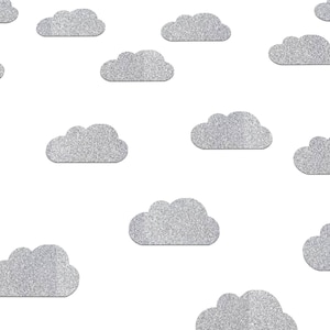 May include: A white background with multiple silver glitter clouds scattered across the surface.