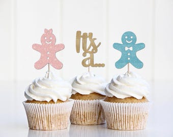 Christmas Gender Reveal Decorations, He or She What Will our Little Sweetie Be Cupcake Toppers, What's Baking, December Gingerbread Boy Girl