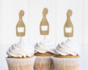 Champagne Bottle Cupcake Toppers, Champs in the Hamps, Birthday Celebration Bachelorette Veuve Before Vows Decorations Decor