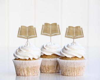 Book Cupcake Toppers, Book Lover's Birthday Party Decorations, A New Chapter Begins Decor, Stack of Books Party Supplies