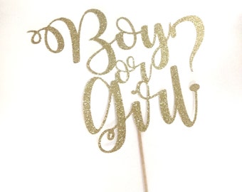 Gender Reveal Cake Topper, Boy or Girl, He or She, party decoration, decor, pink and blue themed, gold glitter, silver glitter, script