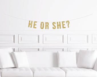 He or She Banner / Gold Glitter Gender Reveal Sign / Boy or Girl Decorations / Decor for a Gender Reveal Party / Modern Baby Shower