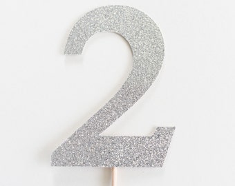 2 Cake Topper, Two, Second Birthday party decoration, I am two, silver glitter, 2nd decor, decoration