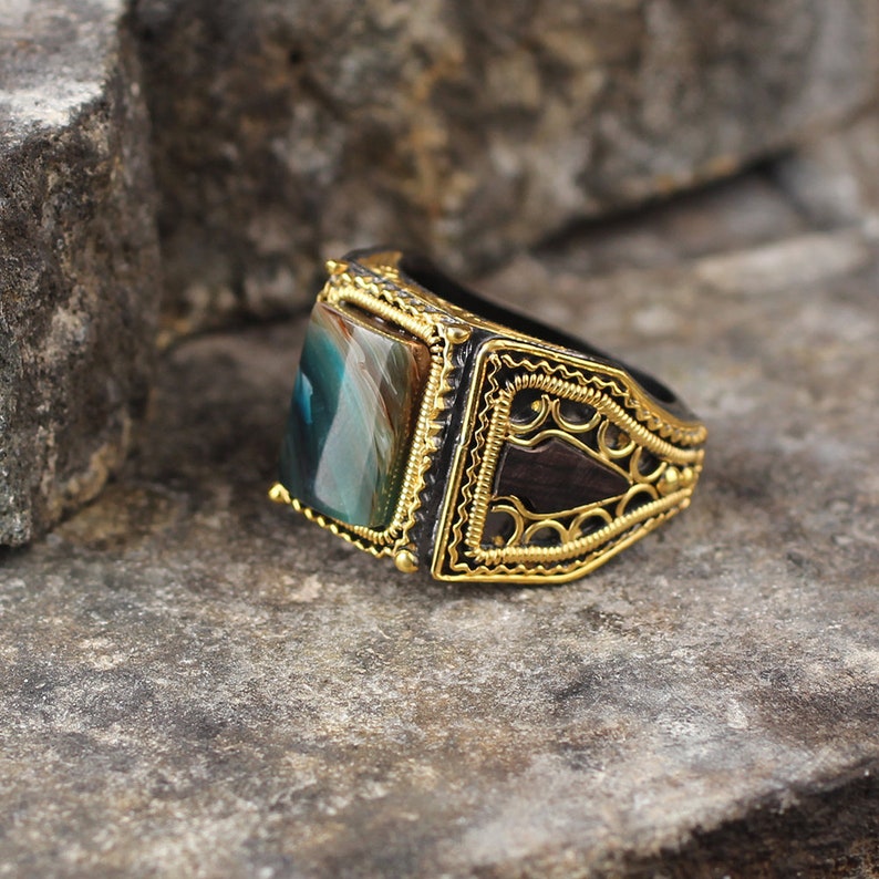 925 Sterling Silver and Yellowgold Plated Handmade Mens Ring with Ebony and Natural Stone all size