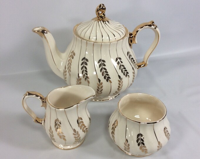 Sadler England Teapot Creamer Sugar Set Gilt Leaf Vine Design Etsy