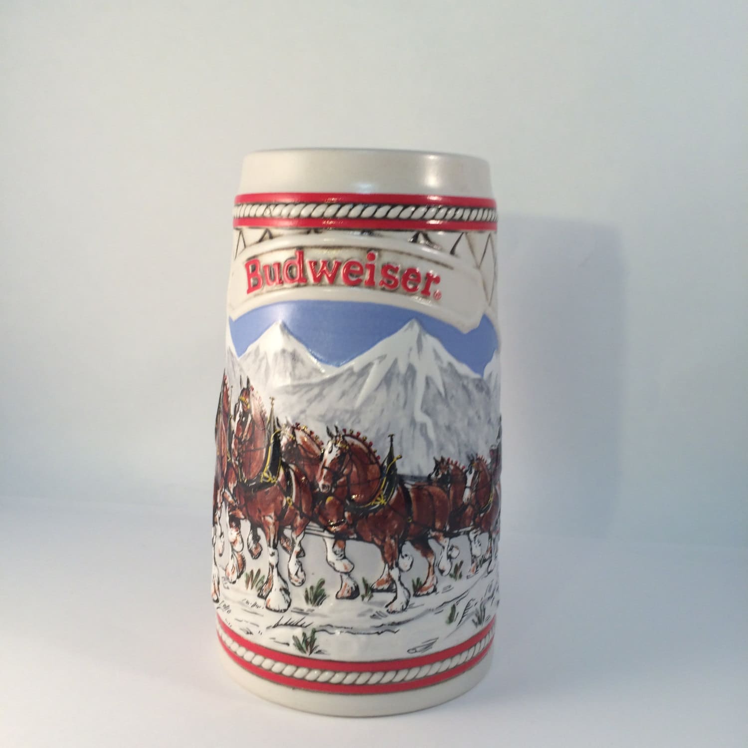 1984  Anheuser Busch  AB  Budweiser Bud Holiday Christmas Beer Stein Clydesdales 