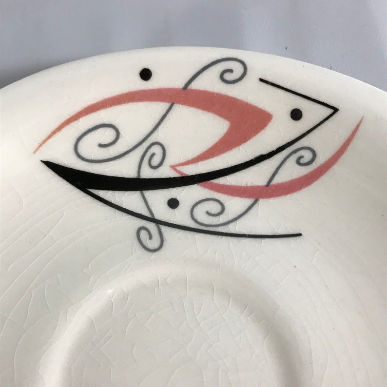Mid Century Flair English China Louis Gordon Production Replacement Saucer 1950s Pink Black Silver Accents MOD design Hard to Find
