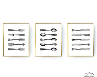 Set Of 3 Prints Kitchen Printable Wall Art Knife Spoon Fork Spoon Knife Fork Spoon Kitchen Wall Art Dinning Room Art Printable Poster 16x20