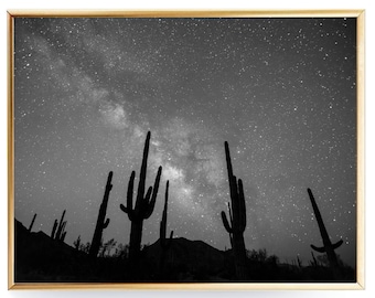 Milky Way Desert Night Sky Print Desert Downloadable Art Black and White Cactus Print Cactus Printable Art Landscape Print INSTANT DOWNLOAD