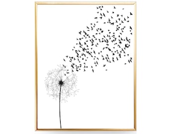 Dandelion Wall Art PRINTABLE ART Bedroom Decor Dandelion Print Dandelion Art Bird Print Flower Print Minimalist Poster Fashion Wall Decor