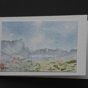 Mini carte de voeux, aquarelle originale, aquarelle paysage, aquarelle montagne, aquarelle campagne, carte cadeau, aquarelle printemps