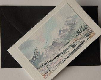 Congratulations card, art greetings card, original watercolor, watercolor landscape, mountains, snow, river, winter, card gift, artwork