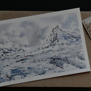 Carte postale aquarelle originale, aquarelle paysage, aquarelle montagne, carte voyage, aquarelle hiver, cadeau postale