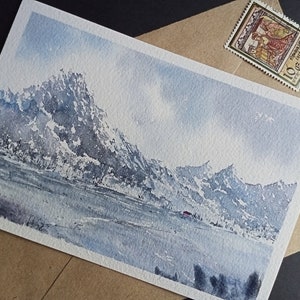 Carte postale aquarelle originale, aquarelle paysage, aquarelle montagne, carte voyage, aquarelle hiver, cadeau postale