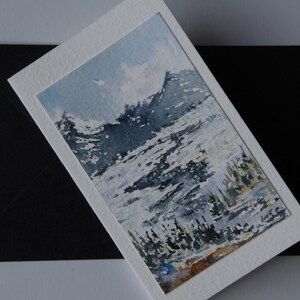 Mini carte de voeux, aquarelle originale, aquarelle paysage, aquarelle montagne, aquarelle rivière, carte cadeau, aquarelle hiver