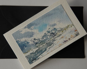 Original watercolor mini greeting card, mini landscape, art card, mountains, watercolor snow, watercolor river, winter, card gift, artwork