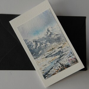 Mini notecard, aquarelle originale, aquarelle paysage, aquarelle montagne, aquarelle rivière, carte cadeau, aquarelle hiver