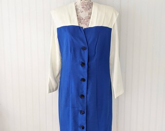 TRUE VINTAGE 1980&#39;s Buttoned Front Business Dress Large Shoulder Pads Colorblock by Sherry Martin