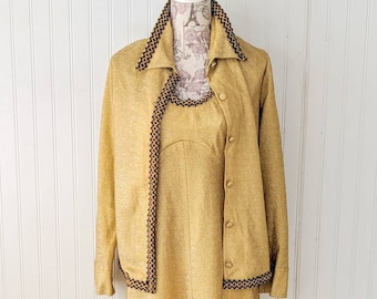 Fabulous 1970&#39;s Disco Gold Lurex Long Dress and Jacket Set Beaded Trim Size S/M