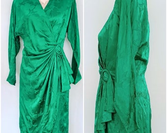 100% Silk Dress Vintage 1980's padded shoulders, Back zipper, faux sash, Pat Argenti, Emerald green Sz 4 6