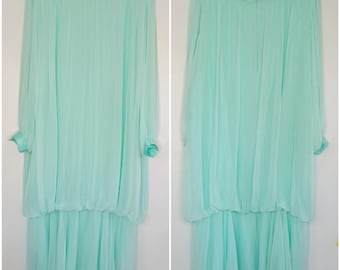 Vintage 1980s Layered Easter Wedding bubble dress, Golden Girls, sheer sleeves plus Size 24 Aqua Excellent