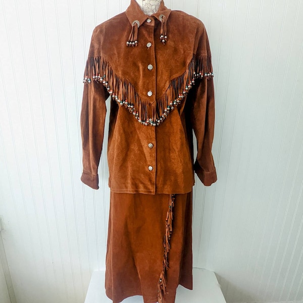 1990's Suede Leather Pia Rucci Jacket and Skirt Set Fringe Southwest Style, Size 12