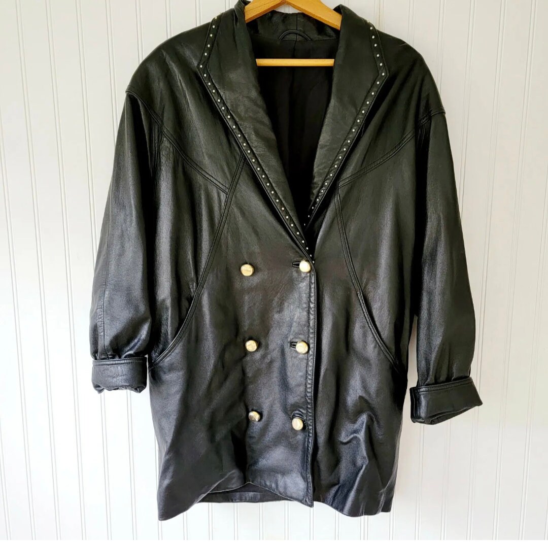 Rare! Paolo GUCCI Black Leather Jacket Gold Bottons Stidded Collar