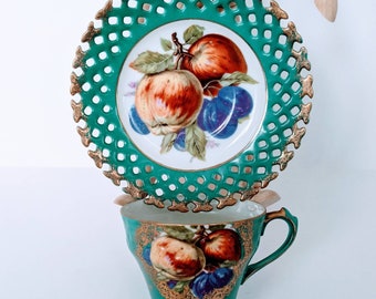 Vintage LM Royal Halsey Very Fine China Tea Cup and Saucer Set Teal, Gold and Fruit