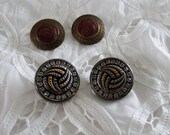 Lot Of (2) Vintage Button Earrings Hammered Metal Enamel And Crystal Faux Marcasite 1.75 quot