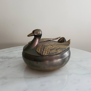 Brass and Pewter MCM Duck Shaped Lidded Trinket Dish