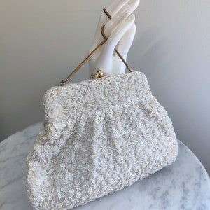 Vintage La Regale White Sequence Pearl Beaded Purse Retro 