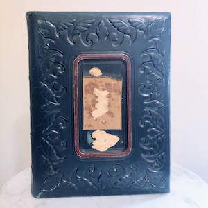 Antique 1800s Victorian Photo Album with Dark Green Tooled Leather Cover, Gilded Pages