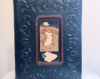 アンティークフォトアルバム 装飾レザー製花柄ゴールド栗色製本写真数