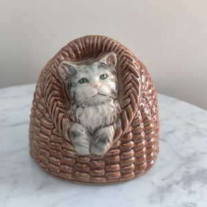 Vintage Goebel 1974 Coin Bank, Ceramic Cat in a Basket