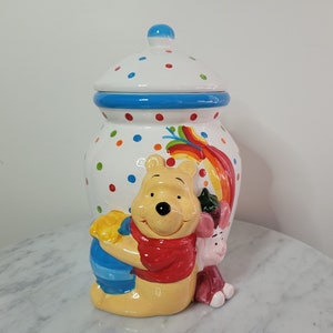 Disney Winnie the Pooh and Piglet Ceramic Vintage Cookie Jar with Rainbow Polka Dots
