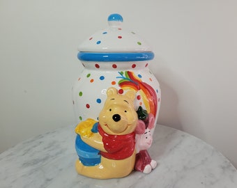 Disney Winnie the Pooh und Ferkel Keramik Vintage Keksdose mit Regenbogen Polka Dots