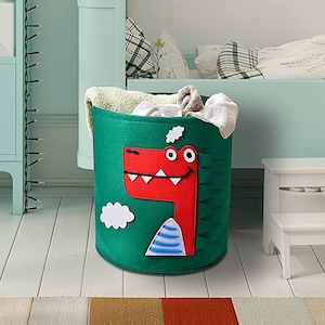 Personalized Green Dinosaur Felt Kids Storage/Laundry Basket 13.78" x 14.57", Toy/ Book Storage Basket, Nursery Hamper Blanket/Towel Holder