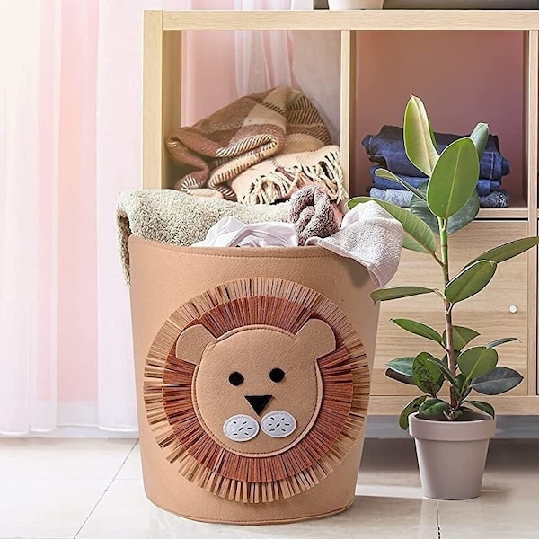 Beige Lion Felt Kids Storage and Laundry Basket 13.78" x 14.57", Toy/Book Storage Basket, Nursery Hamper Blanket/Towel Holder
