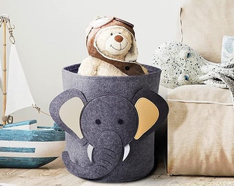 Gray Elephant Felt Kids Storage Room, Laundry Basket 13.78" x 14.57", Toy/Book Basket, Nursery Hamper, Boy & Girl Blanket/Towel Holder