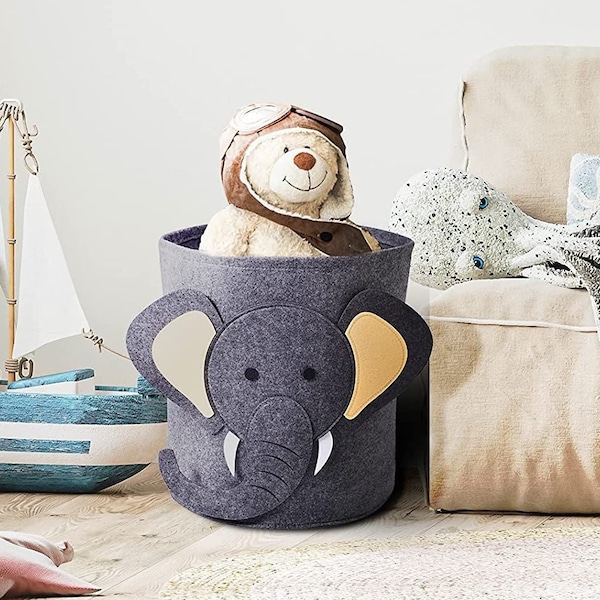 Gray Elephant Felt Kids Storage Room, Laundry Basket 13.78" x 14.57", Toy/Book Basket, Nursery Hamper, Boy & Girl Blanket/Towel Holder