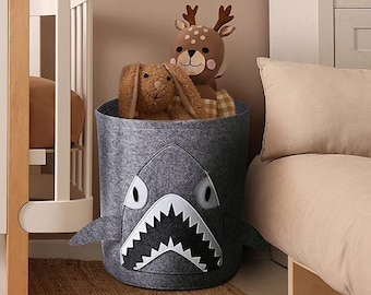 Gray Felt Shark Storage Basket: Kids Toy & Laundry Organizer
