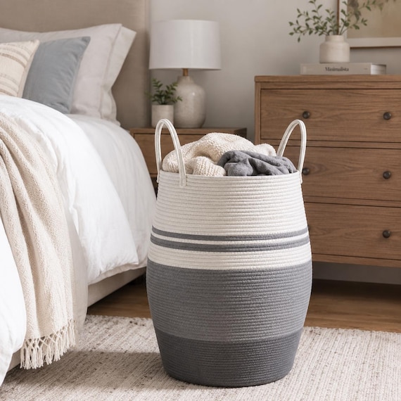 Extra Large Boho Cotton Storage Rope Basket, White Gray Woven Hamper (19" x 26")