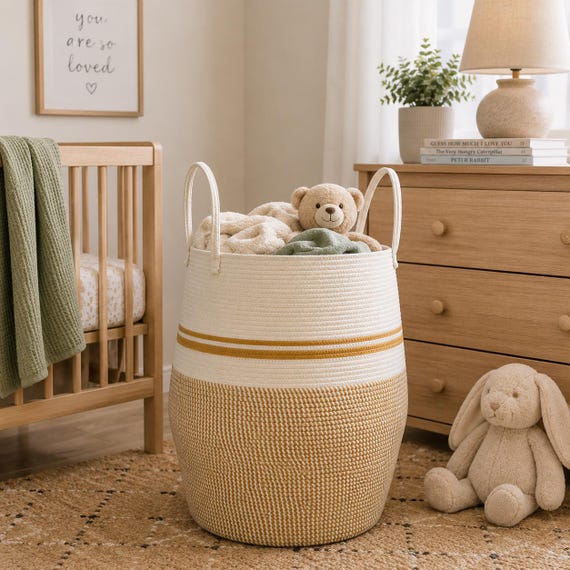 Extra Large Boho Cotton Storage Rope Basket, White Beige Decorative Woven Hamper (19" x 26")