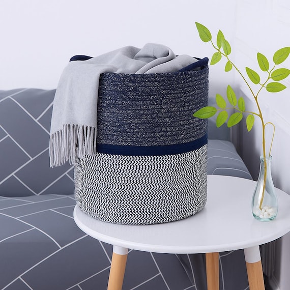 Woven Blue, Black & White Cotton Rope Collapsible Eco Friendly 15" x 17" Laundry Hamper Basket, Home Decor Storage and  Blanket/Towel Holder