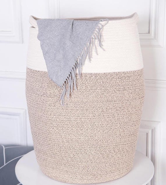 Extra Large Boho Cotton Storage Rope Basket, White Beige Woven Hamper (19" x 26")