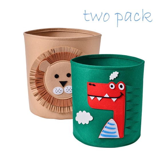 TWO PACK Kids Animal Basket- Green Dinosaur and Beige Lion/Storage/Laundry Basket 13.78" x 14.57", Toy/ Book/Nursery