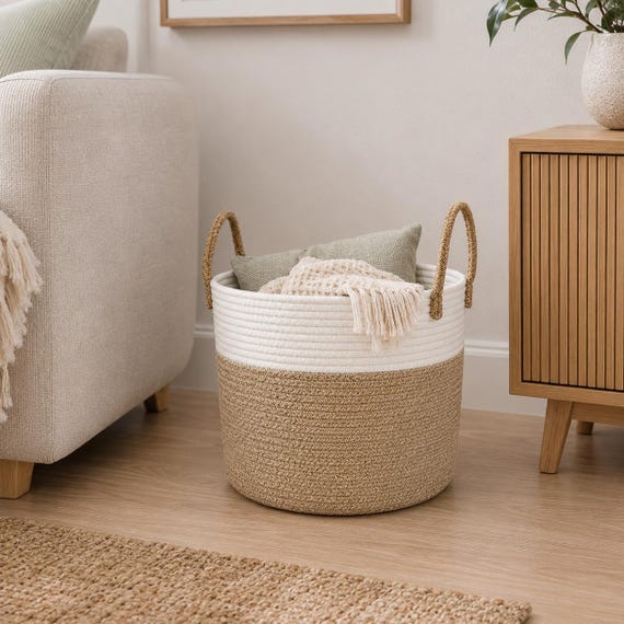Eco Friendly Beige & White Woven Cotton Rope Basket: Boho Laundry Hamper, Blanket Storage Nusery