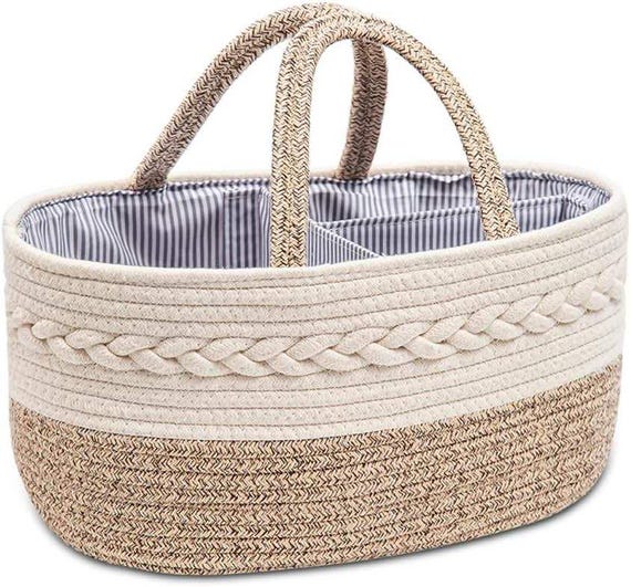 Woven Cotton Rope Diaper Caddy: Nursery Storage Basket with Removable Divider