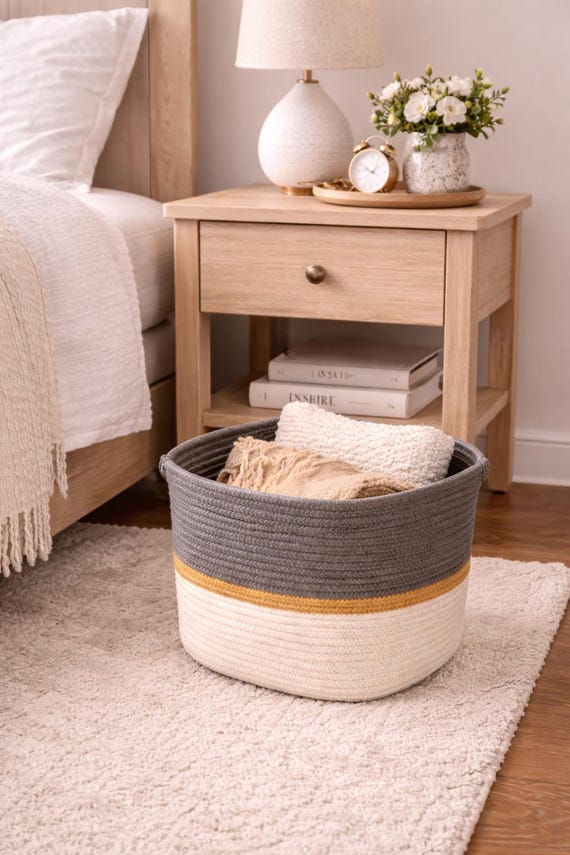 Gray Woven Cotton Rope Basket: Boho Laundry, Toy, Blanket Storage (12"x12")