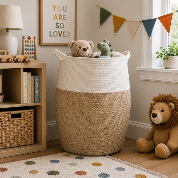 Extra Large Boho Cotton Storage Rope Basket, White Beige Woven Hamper (19" x 26")